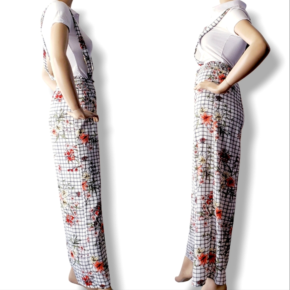 Common Crush Floral Windowpane High Waist, Wide Leg, Criss Cross Overall Pants - Picture 4 of 8